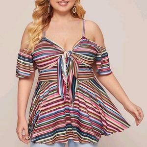 Plus Multi-Stripe cold shoulder peplum top